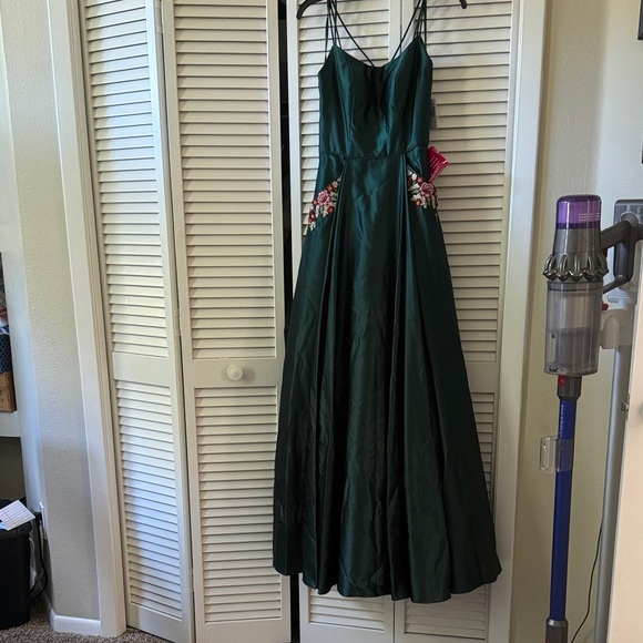 Blondie Nites Dark Green Maxi Dress with Floral Accents - Picture 1 of 5